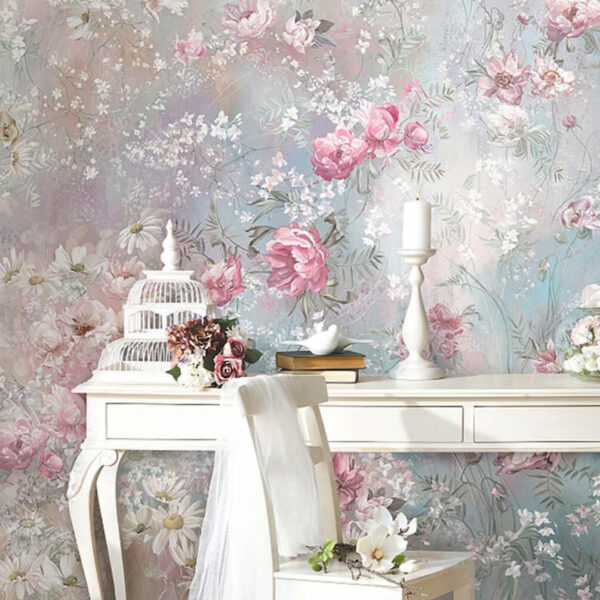 Schilderij van bloemen op een muur Fotobehang Schilderij van bloemen op een muur