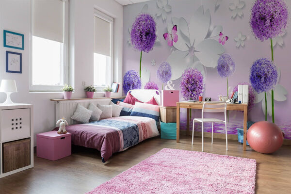 Paarse bloemen met vlinders en reflecties Fotobehang Paarse bloemen met vlinders en reflecties