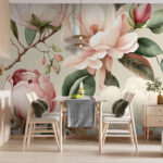 Fotobehang Delicate bloesems en weelderige groene bladeren.