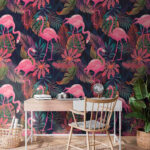 Fotobehang Patroon van roze flamingo's en bladeren