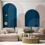 Fotobehang Blauw potje met witte lijnen