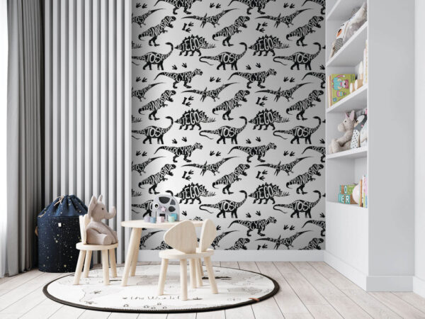 Patroon van dinosaurussen met woorden Fotobehang Patroon van dinosaurussen met woorden