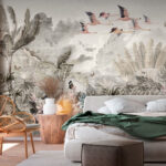 Fotobehang Flamingo's zweven boven weelderig jungletapijt.