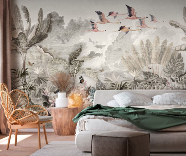 Flamingo's zweven boven weelderig jungletapijt Fotobehang Flamingo's zweven boven weelderig jungletapijt