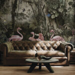 Fotobehang Flamingo's sieren een weelderige jungle