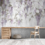 Fotobehang Delicate paarse bloemen op wit canvas.