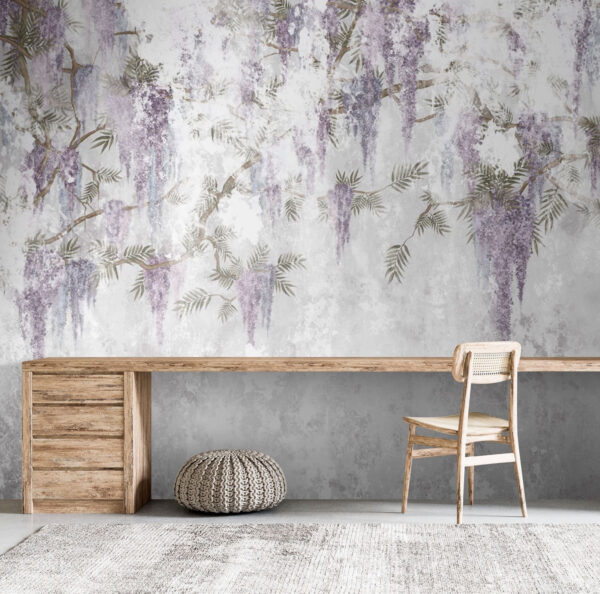 Delicate paarse bloemen op wit canvas Fotobehang Delicate paarse bloemen op wit canvas