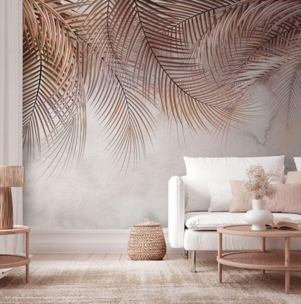 Pastelkleurige palmbladeren op gestructureerde achtergrond Fotobehang Pastelkleurige palmbladeren op gestructureerde achtergrond