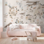 Fotobehang Vintage kaart met dieren en vliegtuigen.