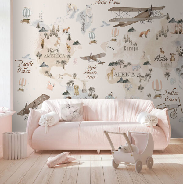 Vintage kaart met dieren en vliegtuigen Fotobehang Vintage kaart met dieren en vliegtuigen