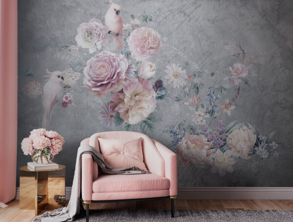 Vogels tussen pastelkleurige bloemen Fotobehang Vogels tussen pastelkleurige bloemen