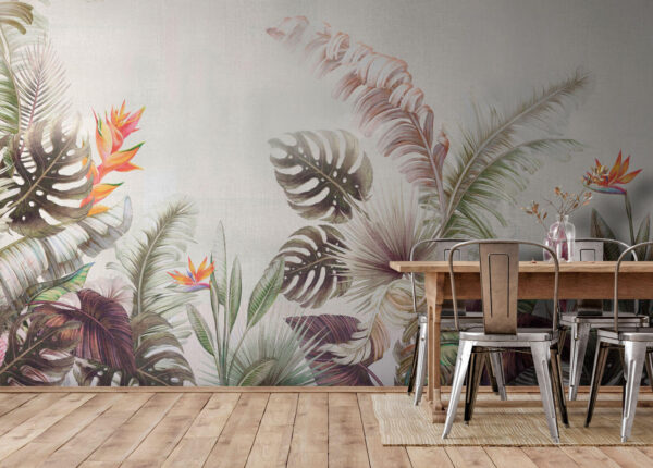 Tropische bladeren en levendige bloemen Fotobehang Tropische bladeren en levendige bloemen