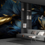 Fotobehang Donker en metallic bladmotief.