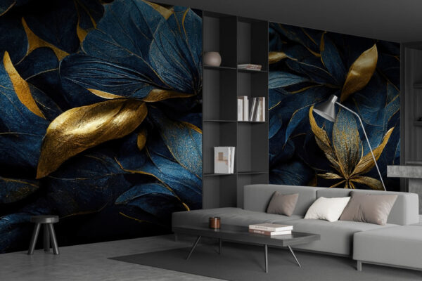 Donker en metallic bladmotief Fotobehang Donker en metallic bladmotief