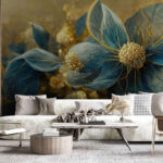 Fotobehang Elegante blauwe bloemblaadjes en delicate details.