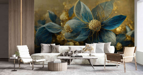 Elegante blauwe bloemblaadjes en delicate details Fotobehang Elegante blauwe bloemblaadjes en delicate details