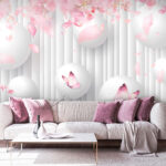 Fotobehang Groep witte ballen met roze vlinders erop