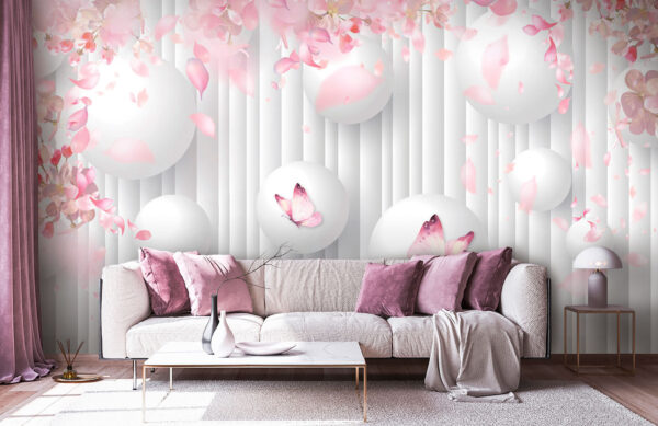 Groep witte ballen met roze vlinders erop Fotobehang Groep witte ballen met roze vlinders erop
