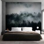 Fotobehang Mistig landschap met bomen