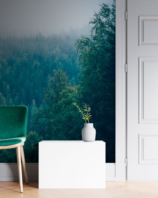 Bos van bomen met mist Fotobehang Bos van bomen met mist