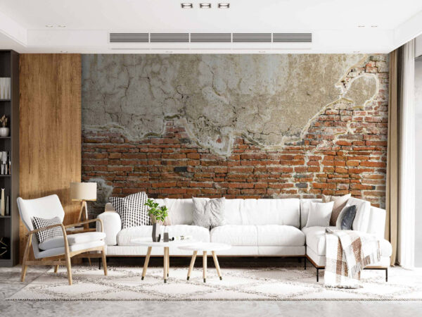 Verweerde bakstenen muur met scheuren Fotobehang Verweerde bakstenen muur met scheuren