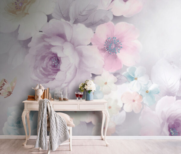 Grillige bloemen met een delicate vlinder Fotobehang Grillige bloemen met een delicate vlinder