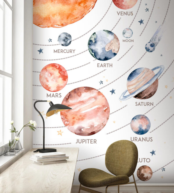 Aquarel van een planeet met ringen Fotobehang Aquarel van een planeet met ringen