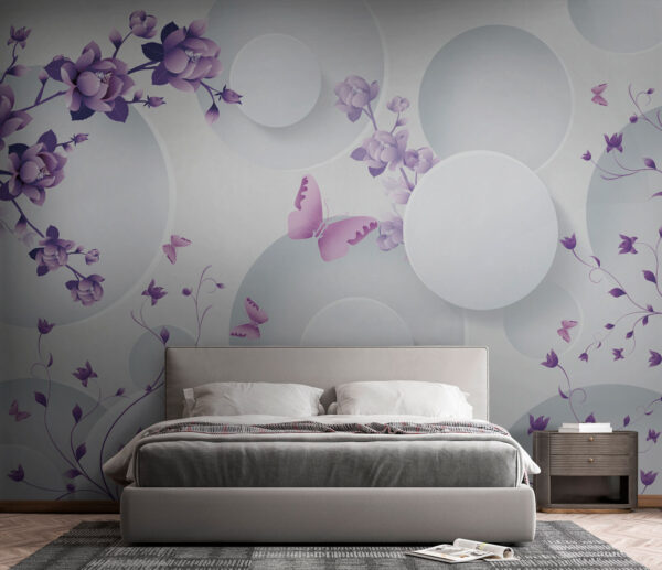 Witte cirkel met paarse bloemen Fotobehang Witte cirkel met paarse bloemen