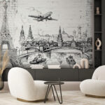 Fotobehang Tekening van een stad en een brug