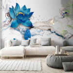 Fotobehang Blauwe bloem met geel hart