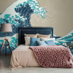 Fotobehang Majestueuze golven die neerstorten bij een berg