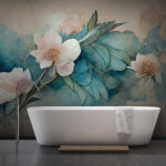 Fotobehang Bloemen aquarel op groenblauwe achtergrond.