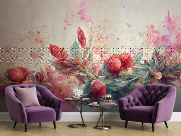 Schilderij van bloemen en bladeren Fotobehang Schilderij van bloemen en bladeren