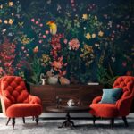 Fotobehang Bloemenparadijs met levendige vogels