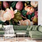 Fotobehang Elegante magnolia's en weelderige bladeren.