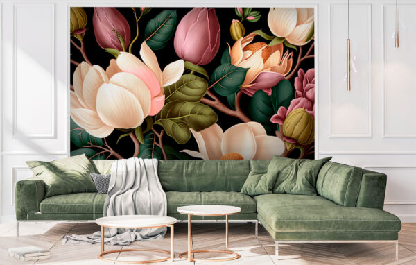 Elegante magnolia's en weelderige bladeren Fotobehang Elegante magnolia's en weelderige bladeren