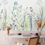 Fotobehang Aquarel van bloemen en bladeren