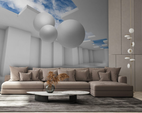 Witte kamer met witte muren en witte ballen Fotobehang Witte kamer met witte muren en witte ballen