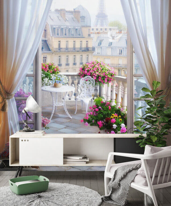 Sereen Parijs balkon met bloemen Fotobehang Sereen Parijs balkon met bloemen