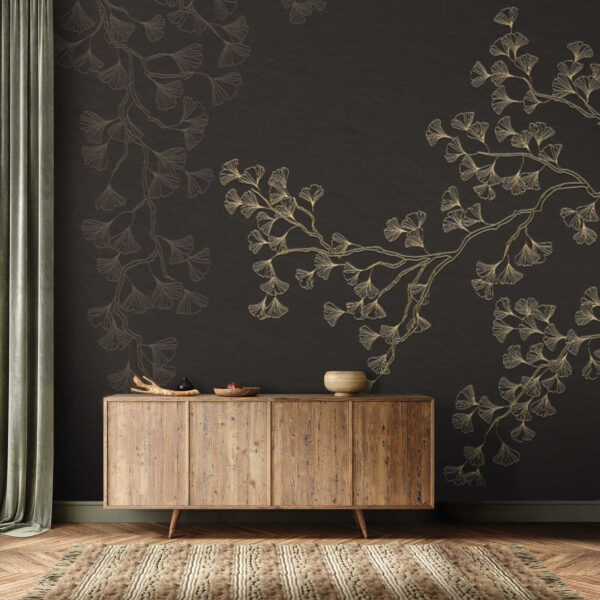Elegante ginkgo bladeren op donkere achtergrond Fotobehang Elegante ginkgo bladeren op donkere achtergrond