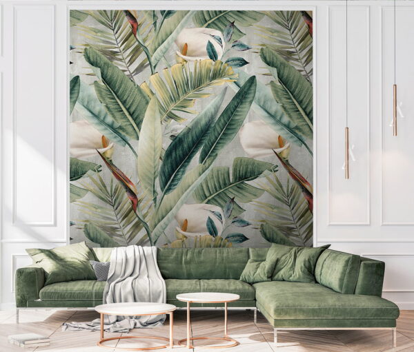 Patroon van groene bladeren en bloemen Fotobehang Patroon van groene bladeren en bloemen