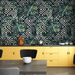 Fotobehang Bladerenpatroon op zwart-witte achtergrond