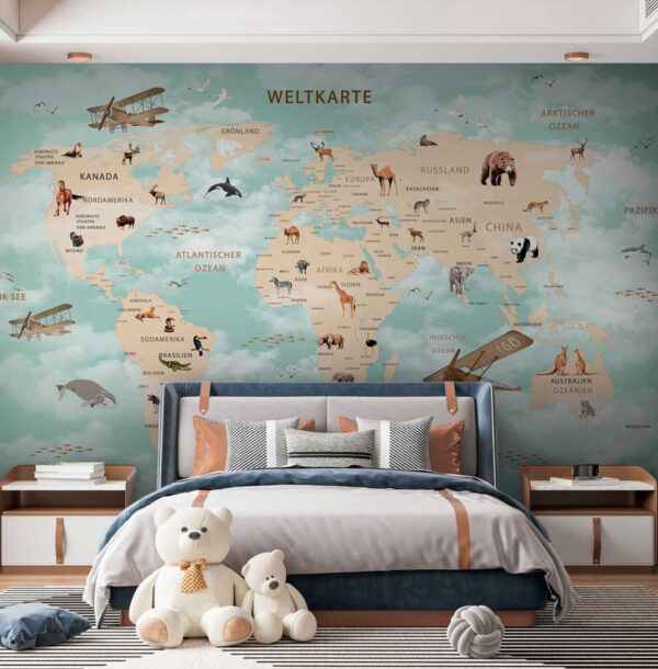 Wereldkaart met dieren Fotobehang Wereldkaart met dieren