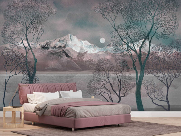 Landschap met bomen en bergen Fotobehang Landschap met bomen en bergen