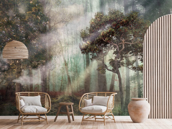 Mistig bos met bomen en mist Fotobehang Mistig bos met bomen en mist