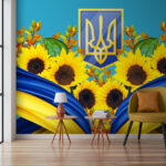 Fotobehang Zonnebloemen en blauw-geel embleem