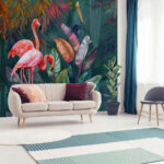 Fotobehang Roze flamingo met lange poten
