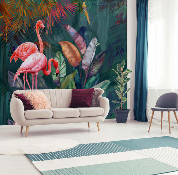 Roze flamingo met lange poten Fotobehang Roze flamingo met lange poten