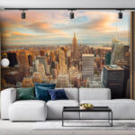 Fotobehang Skyline van de stad bij zonsondergang.