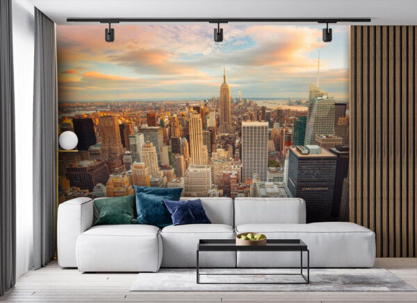 Skyline van de stad bij zonsondergang Fotobehang Skyline van de stad bij zonsondergang